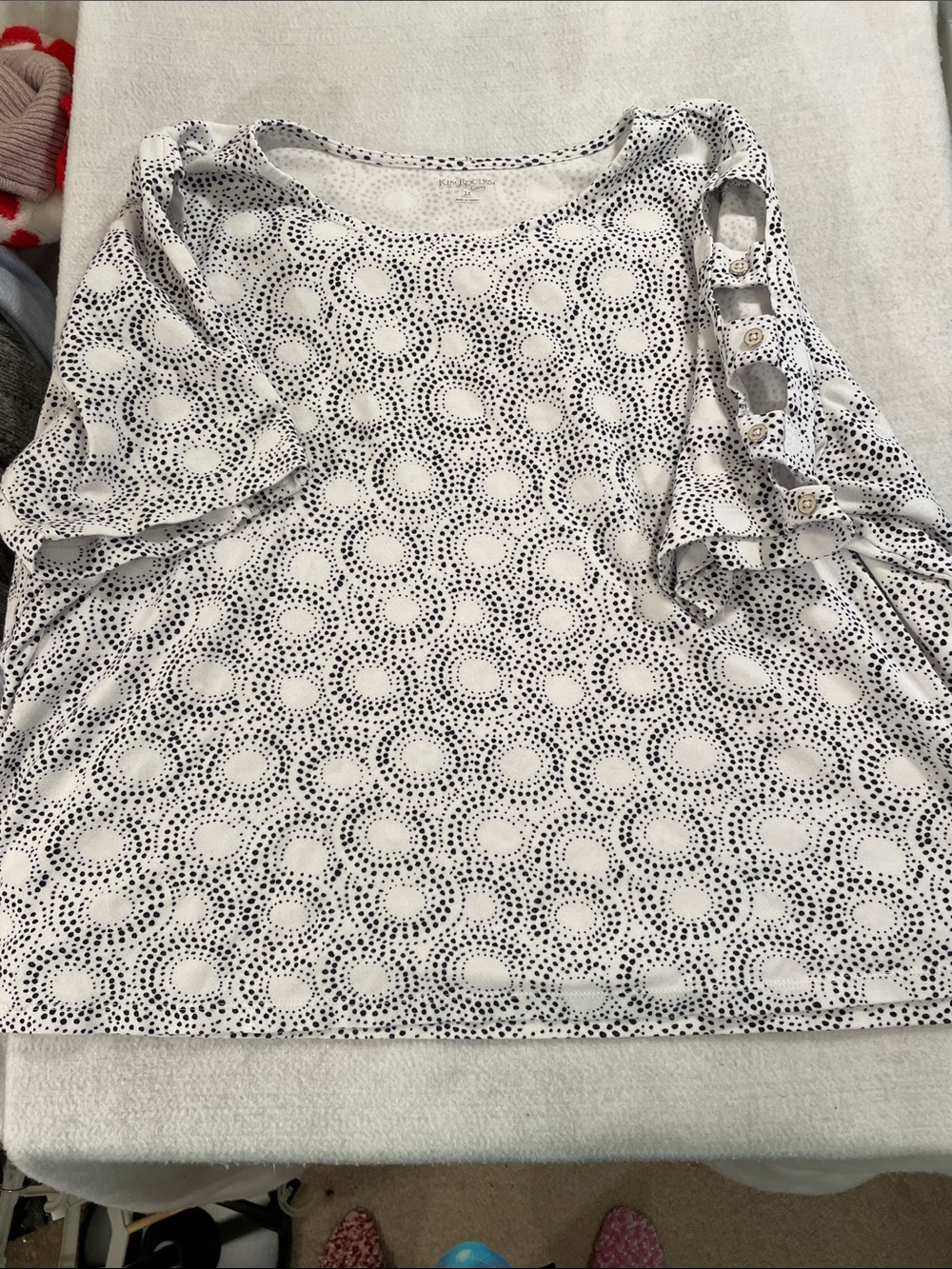 Kim Rogers White and Black Dot-Pattern Long Sleeve Tee with Sleeve Embellishment
